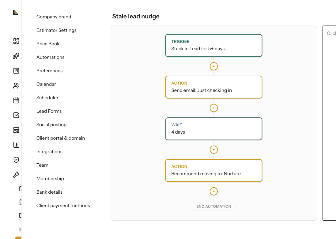 A real automation: a stale lead trigger, a check-in email, a wait, then a recommended pipeline move, built one step at a time