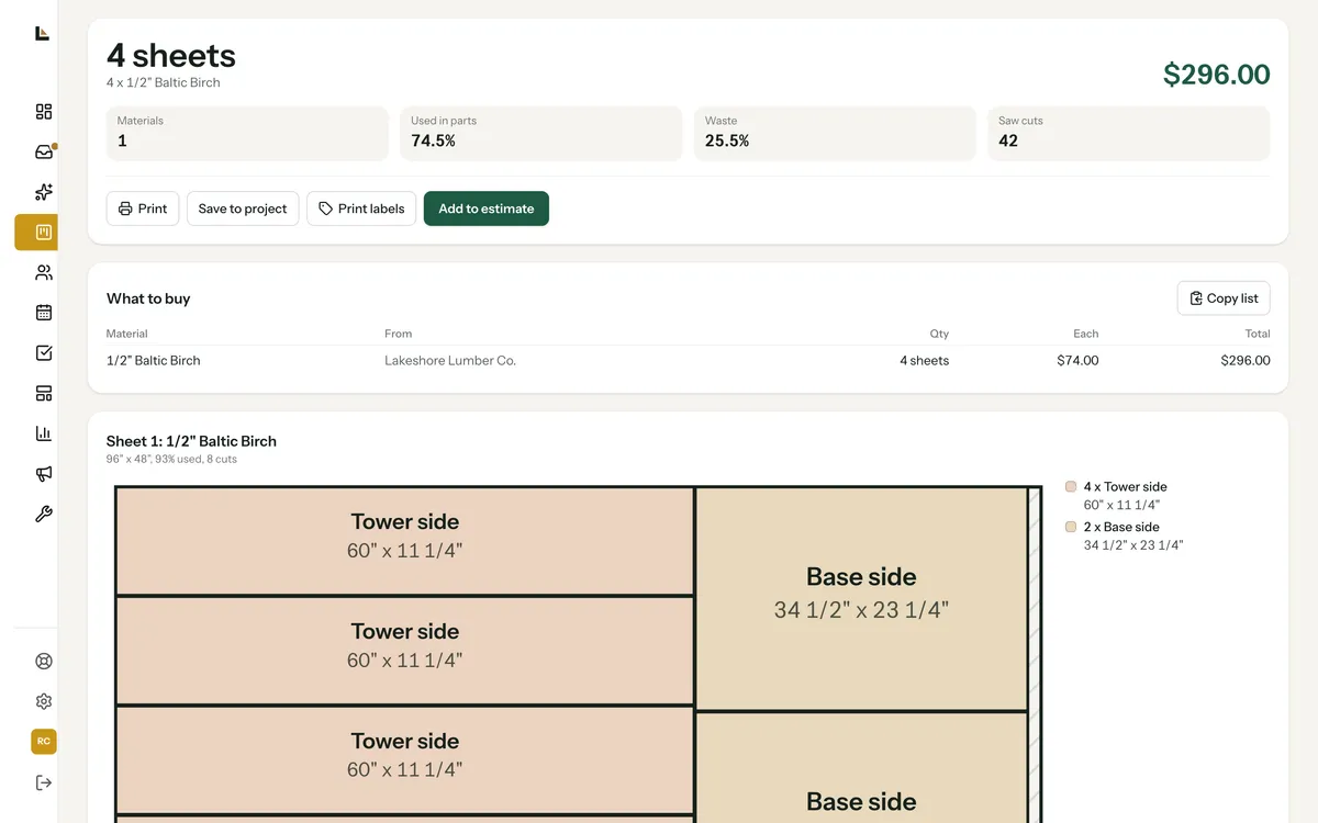 A cut plan for kitchen cabinets: four sheets of Baltic birch, the waste percentage, the saw cut count, what to buy, and each sheet laid out part by part