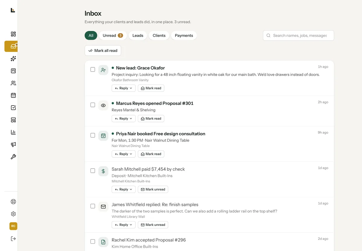 The Square Away inbox showing a new lead from a lead form, a client opening a proposal, a booked design call, a check payment and a client's emailed reply, all in one list