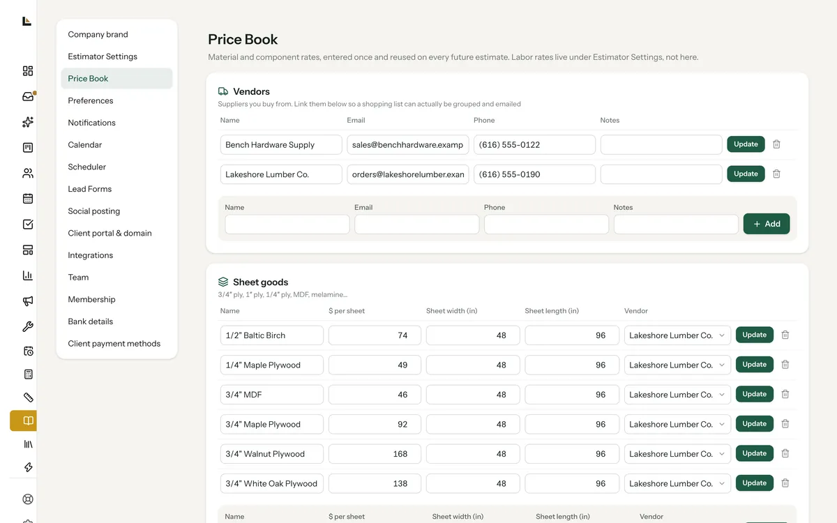 The price book with vendors and sheet goods, each with its price per sheet, size and supplier