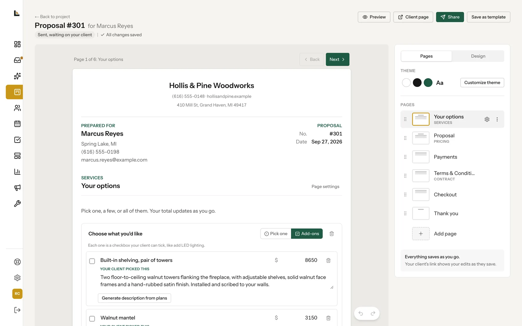 The proposal builder: the client's options page with prices, and the page list for pricing, payments, terms, checkout and thank you